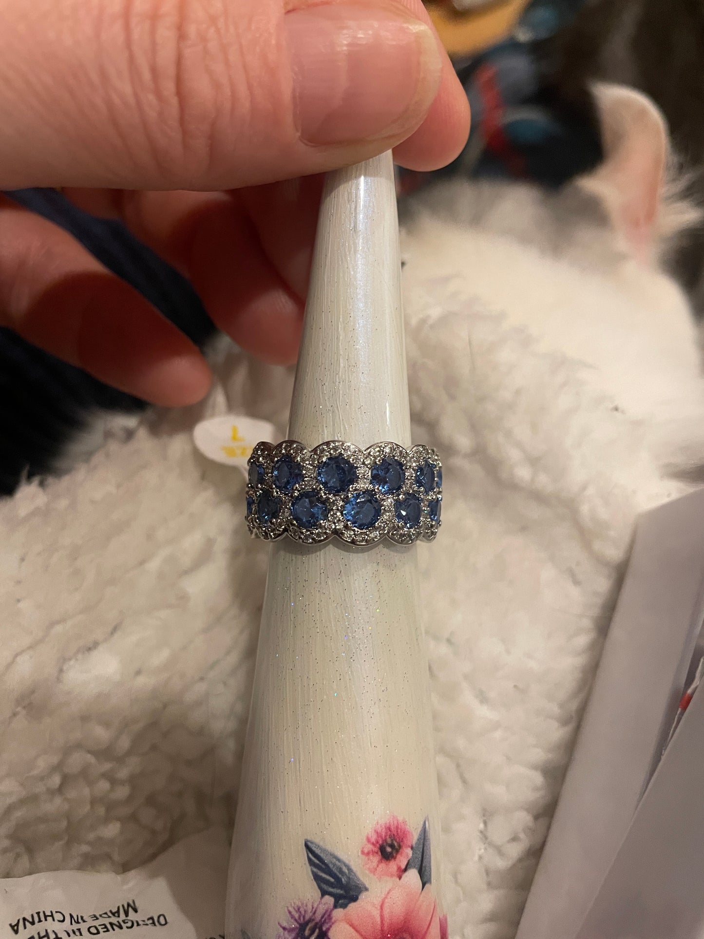 Lab Created Aqua Blue Spinel adorned Band On Rhodium, Size 7