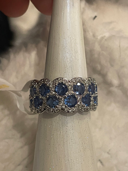 Lab Created Aqua Blue Spinel adorned Band On Rhodium, Size 7