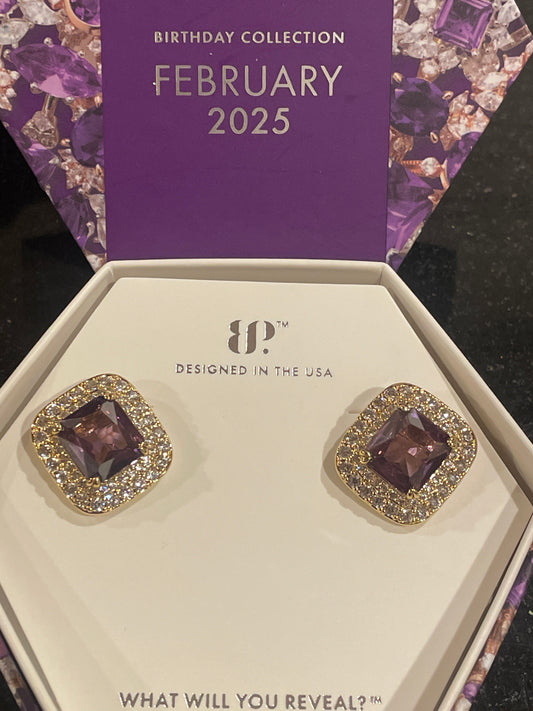 Square Amethyst CZ on Gold Plating - February Earrings