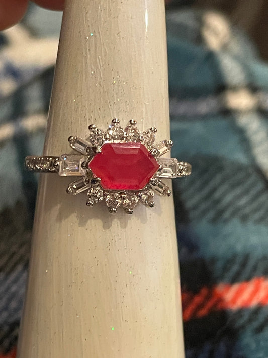 Dark Pink Sapphire Ring on Rhodium Size 9